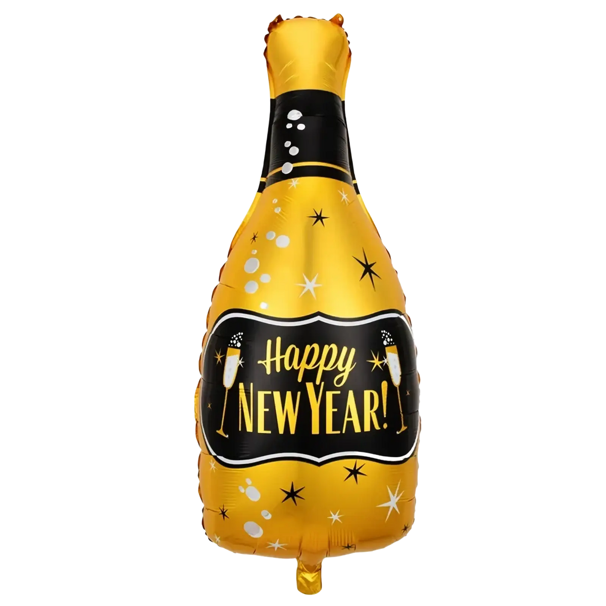 Golden foil champagne bottle balloon with happy new year label and star patterns in New Year foil balloon set