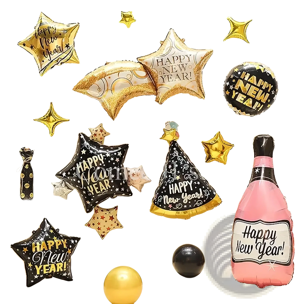 New Year foil balloon shaped like a pink champagne bottle with black label and gold foil accents for party decoration