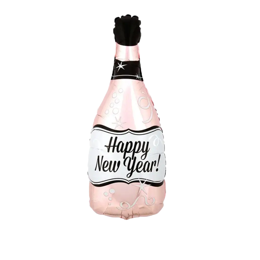 New year foil balloon party decoration set featuring a pink metallic champagne bottle balloon with silver stars and happy new year text