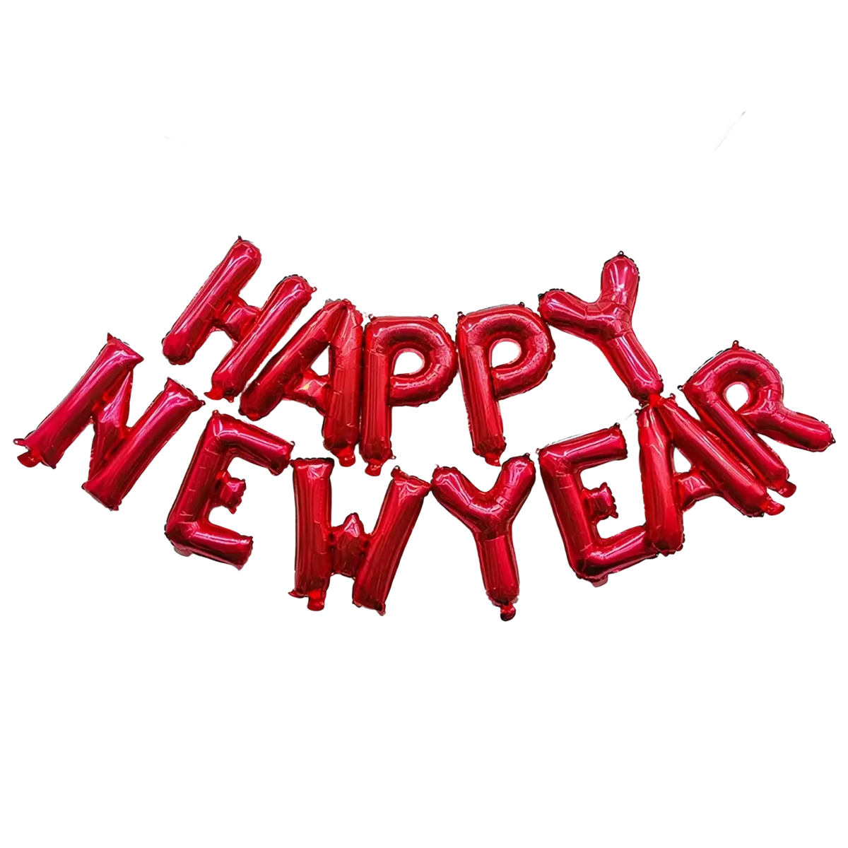Red metallic foil balloon letters spelling happy new year hanging on a string in new year party decoration set