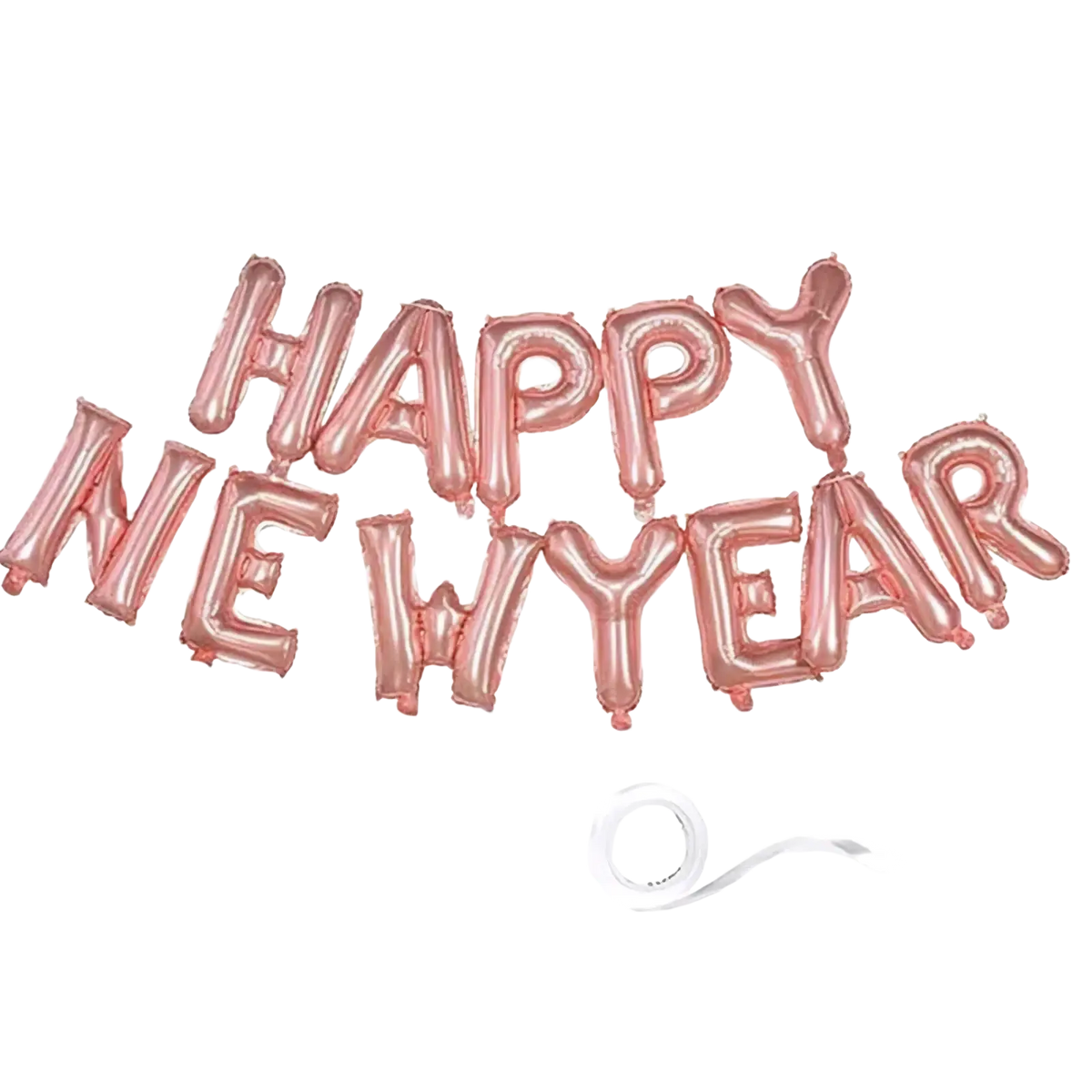 Rose gold metallic foil balloon letters spelling happy new year in a festive new year foil balloon and party decoration set