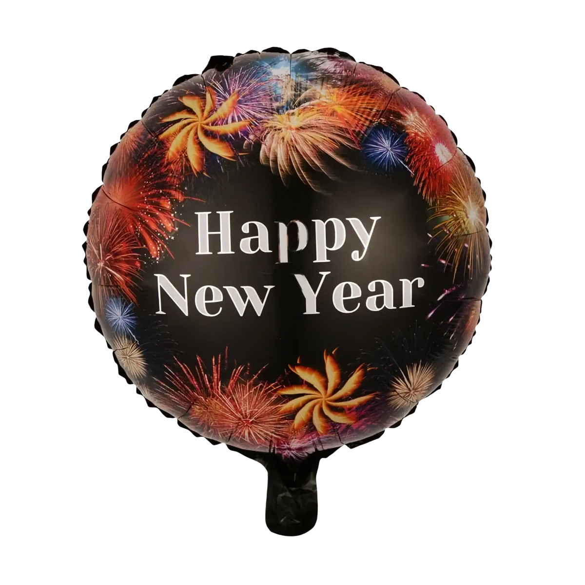 New year foil balloon featuring a round black foil design with colorful fireworks and white happy new year text