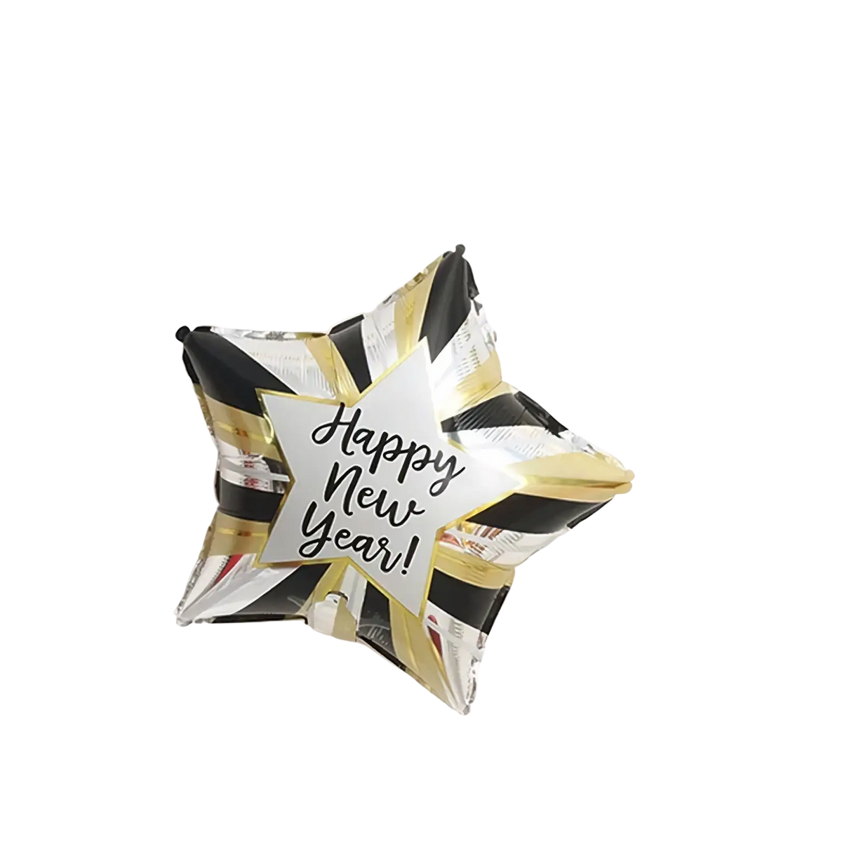New Year foil balloon star-shaped shiny black and gold with happy new year script on white center for party decoration