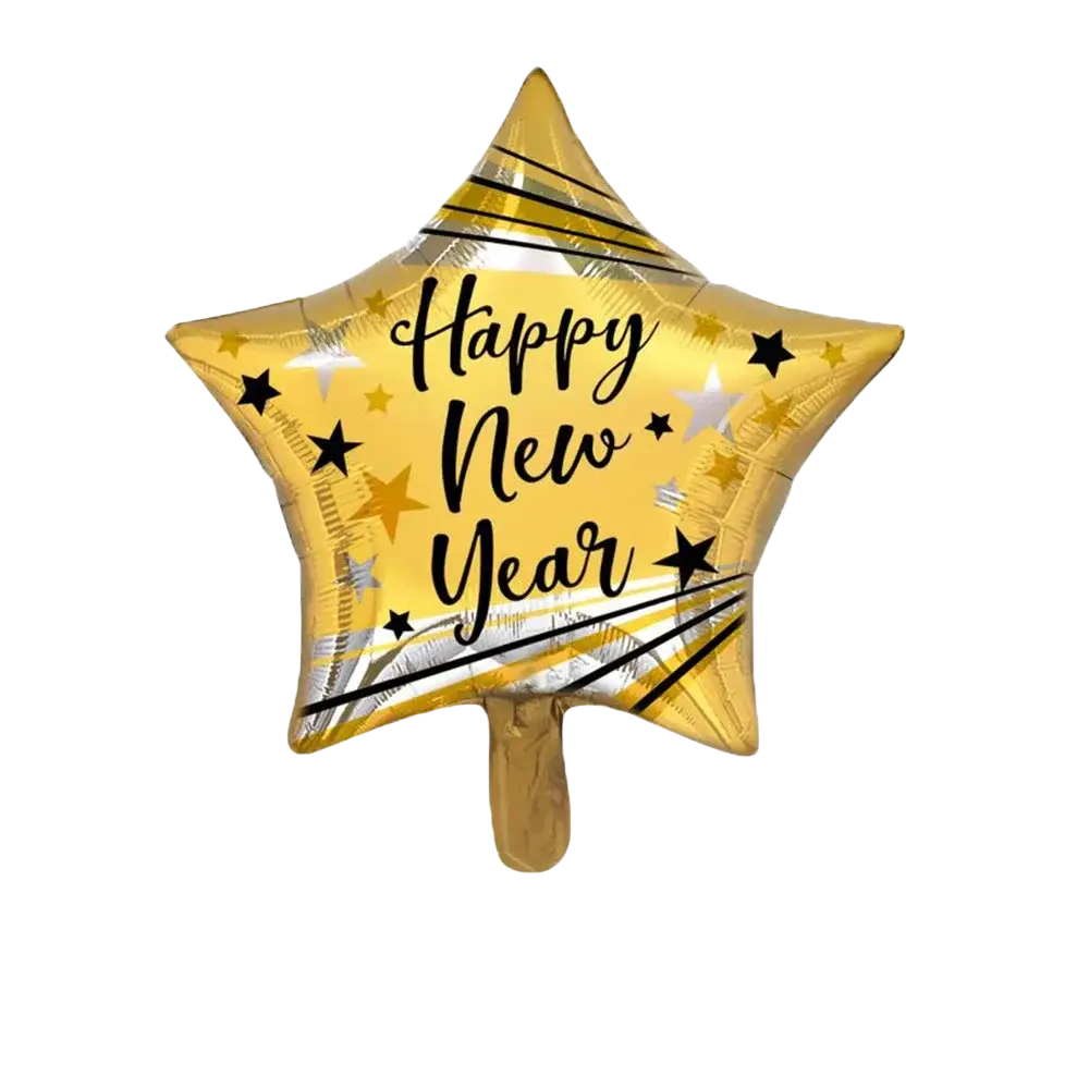 A shiny gold star-shaped foil balloon with happy new year in black cursive and small black silver stars for party decoration