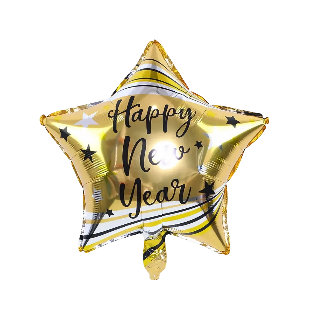 A shiny gold foil star-shaped New Year balloon with black cursive script and small star accents for party decoration