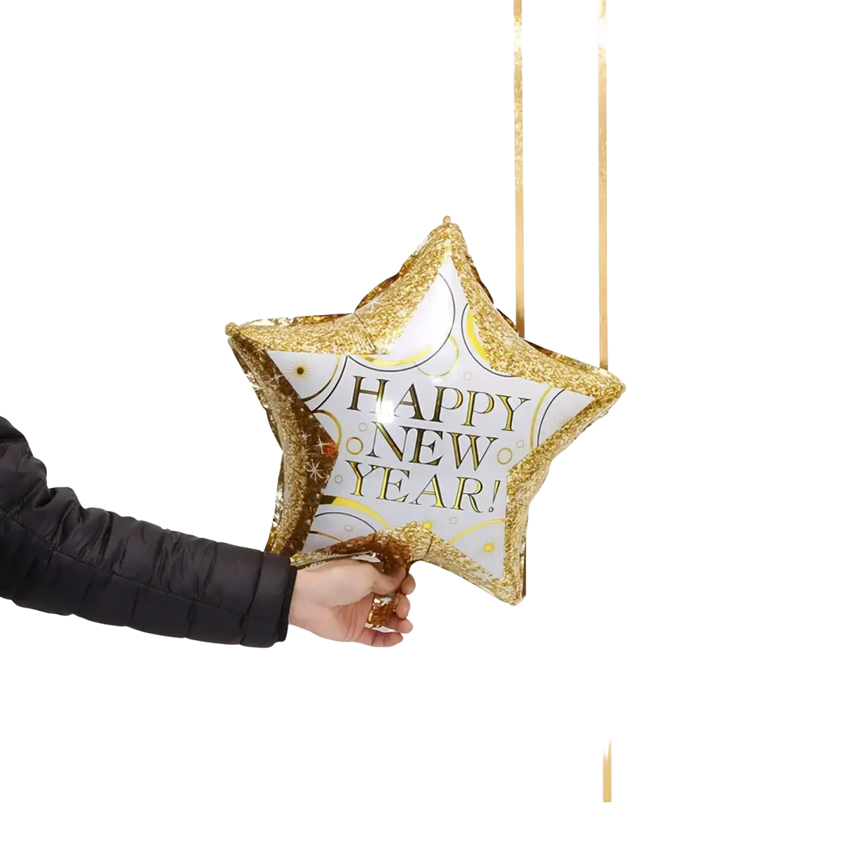 A shiny gold and white star-shaped foil balloon with happy new year printed in black cursive for party decoration