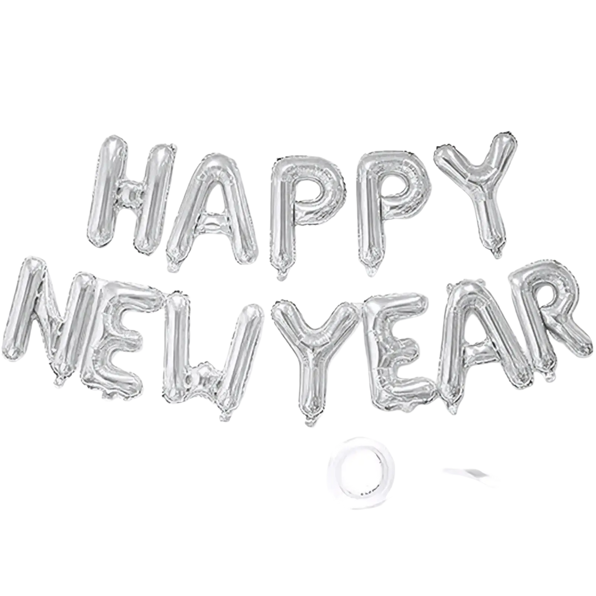 Silver metallic foil balloon letters spelling happy new year in a party decoration set for new year celebrations