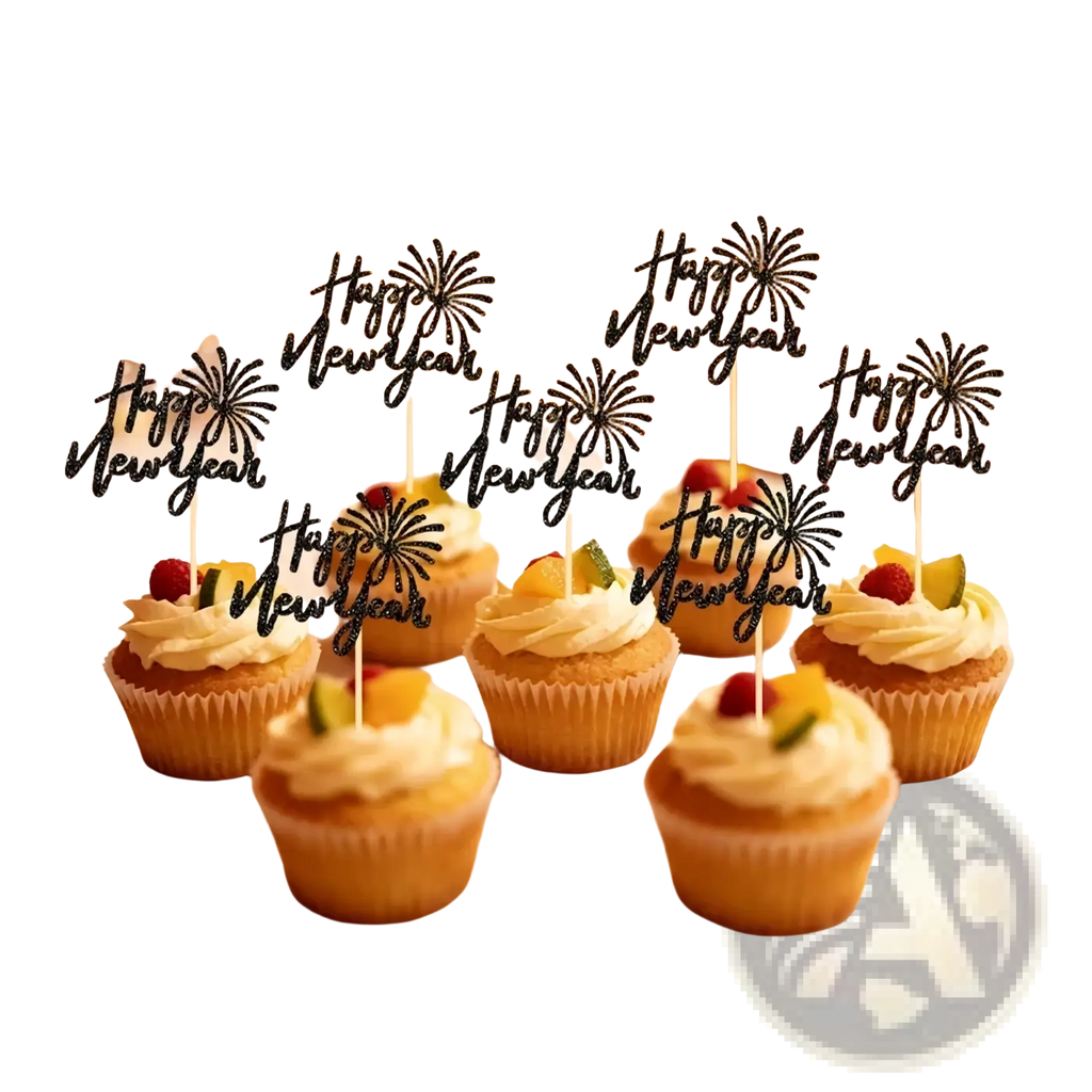 Black glitter happy new year cupcake toppers with fireworks design set of 24 for festive celebration decor