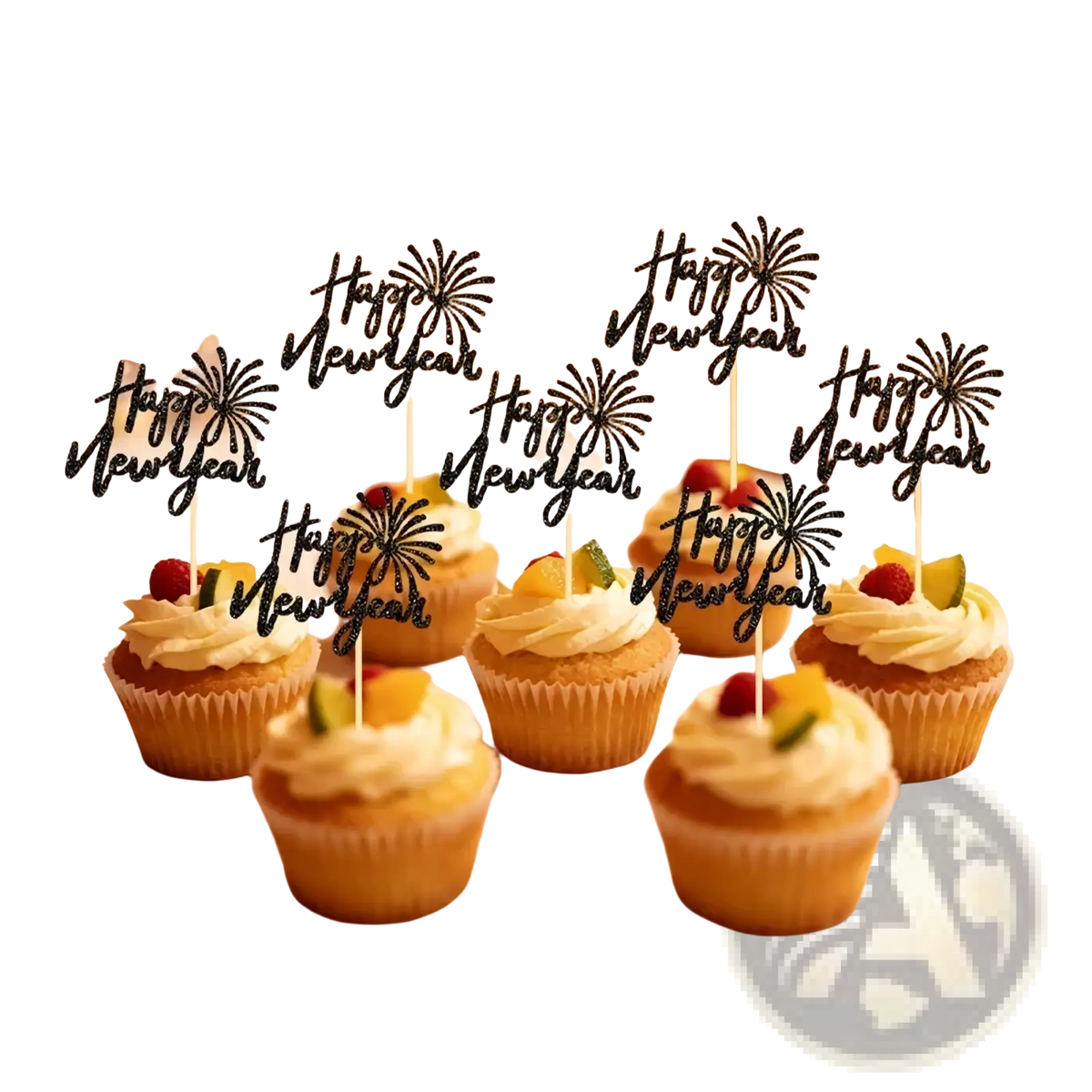 Black glitter happy new year cupcake toppers with fireworks design set of 24 for festive celebration decor