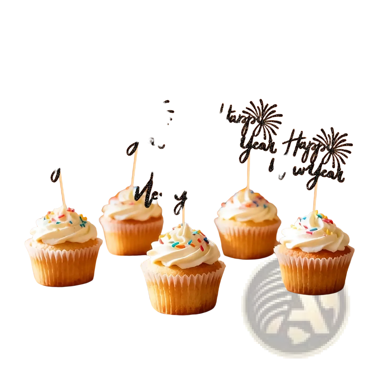 Black glitter happy new year cupcake toppers with fireworks design 24 pcs for festive dessert decoration