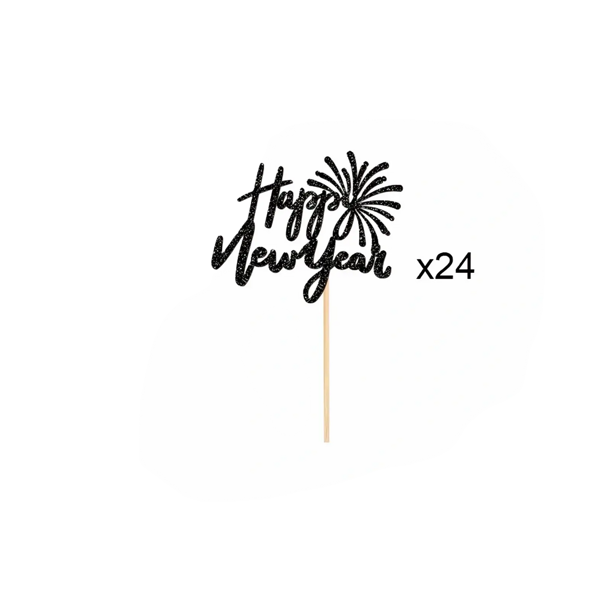 Black glitter happy new year cupcake topper with fireworks design on wooden stick for festive 24 pcs set