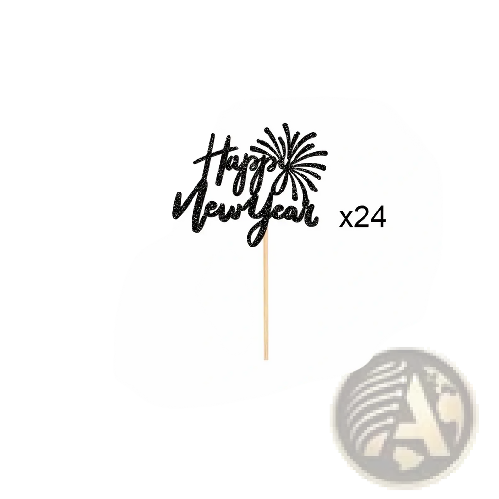 Black glitter happy new year cupcake topper with fireworks design on wooden stick for festive 24 pcs set