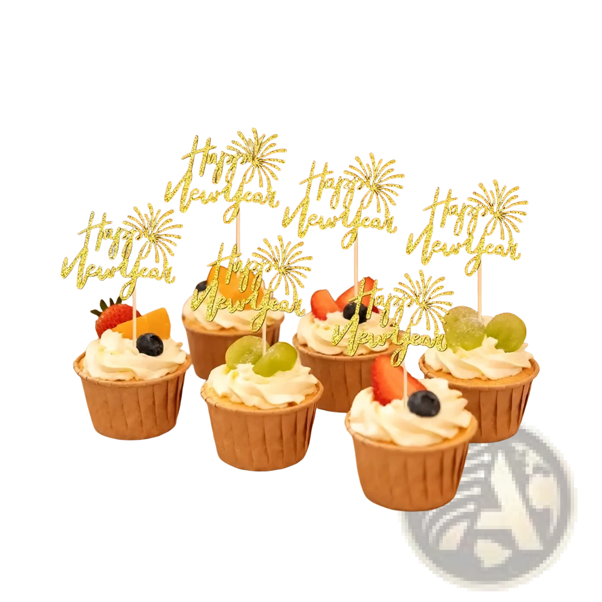 Gold glitter new year cupcake toppers with fireworks design 24 pcs for festive dessert decoration