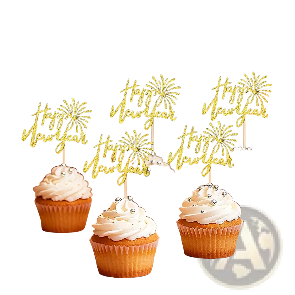 New year glitter cupcake toppers 24 pcs gold glitter happy new year design with fireworks for festive decoration