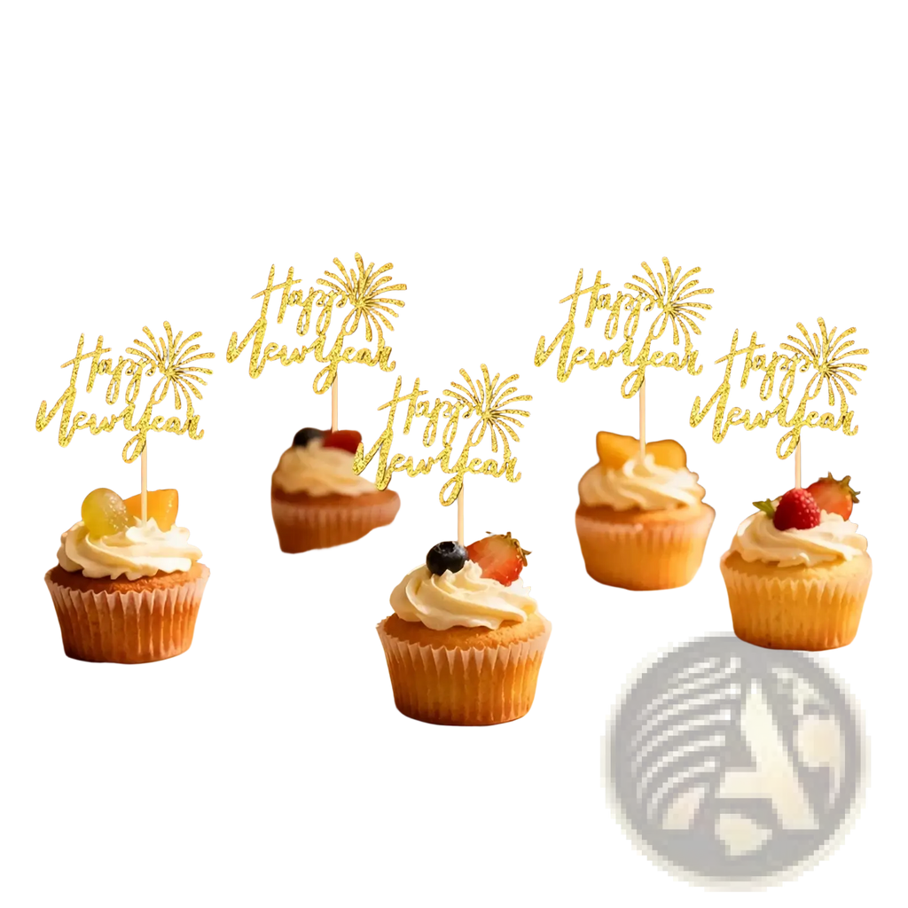 Golden happy new year cupcake toppers with glittery fireworks design for festive decoration 24 pcs set