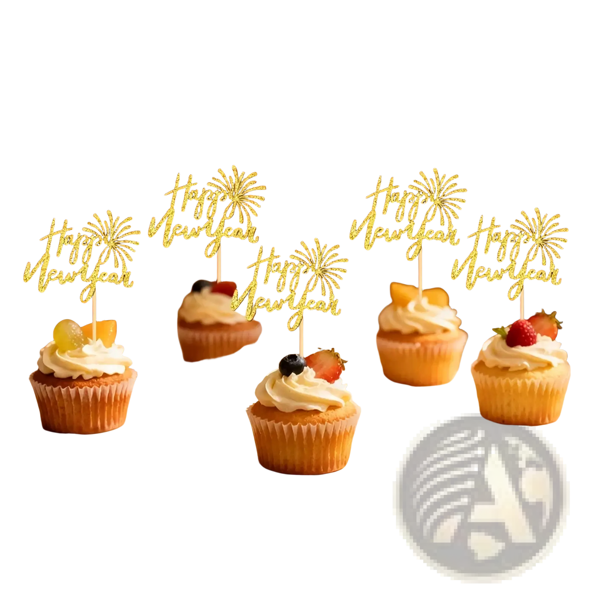 Golden happy new year cupcake toppers with glittery fireworks design for festive decoration 24 pcs set