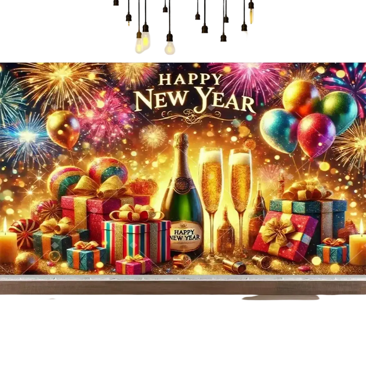 New year party photography backdrop with fireworks and clock featuring green champagne bottle, bubbly glasses, and colorful gifts