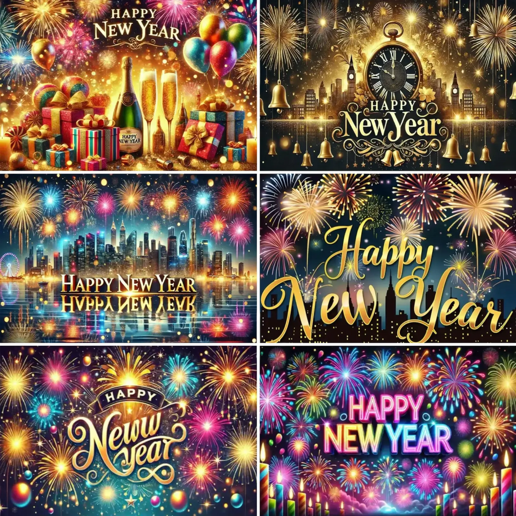 New year party photography backdrop with vibrant fireworks golden text and festive elements like champagne flutes gifts and clock