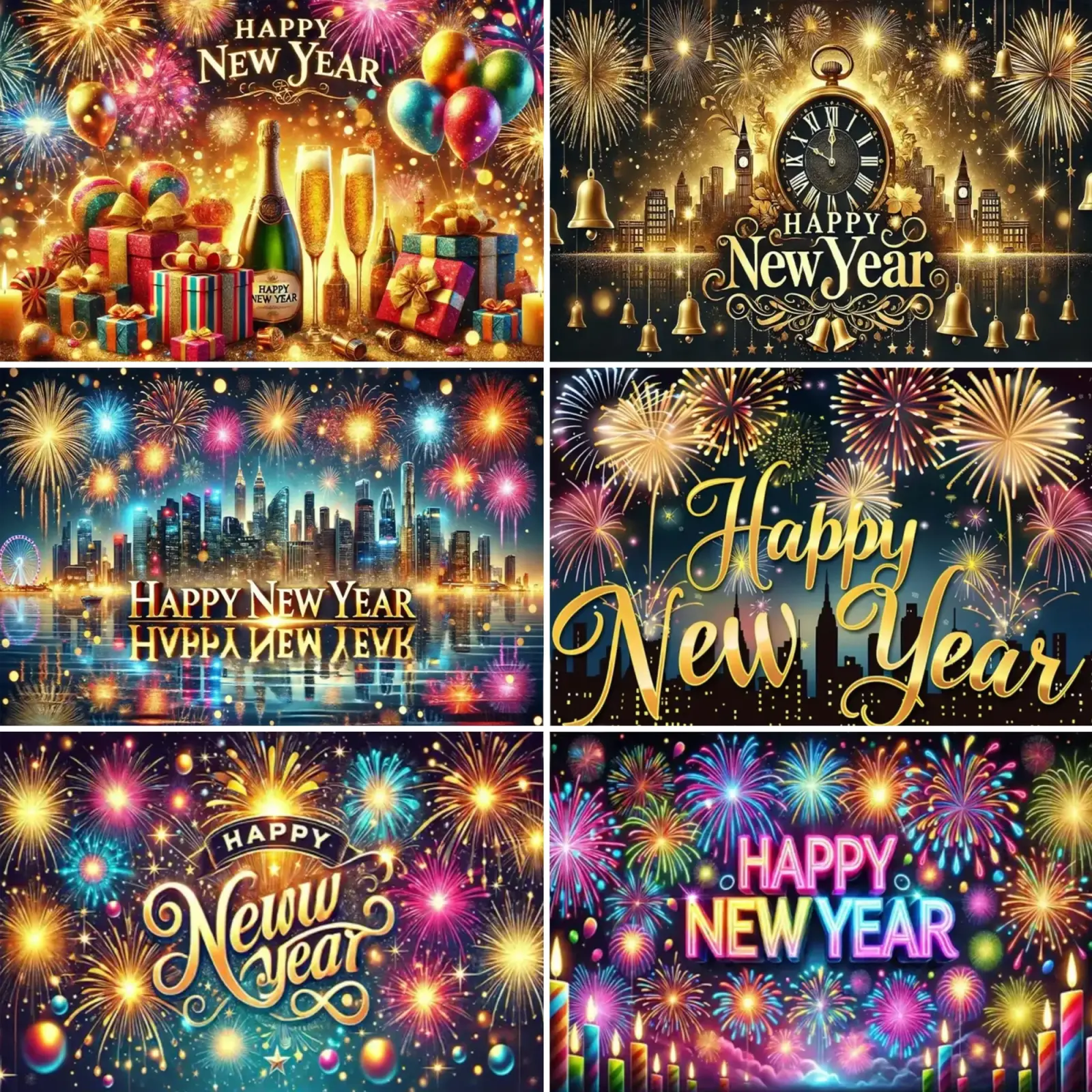 New year party photography backdrop with vibrant fireworks golden text and festive elements like champagne flutes gifts and clock