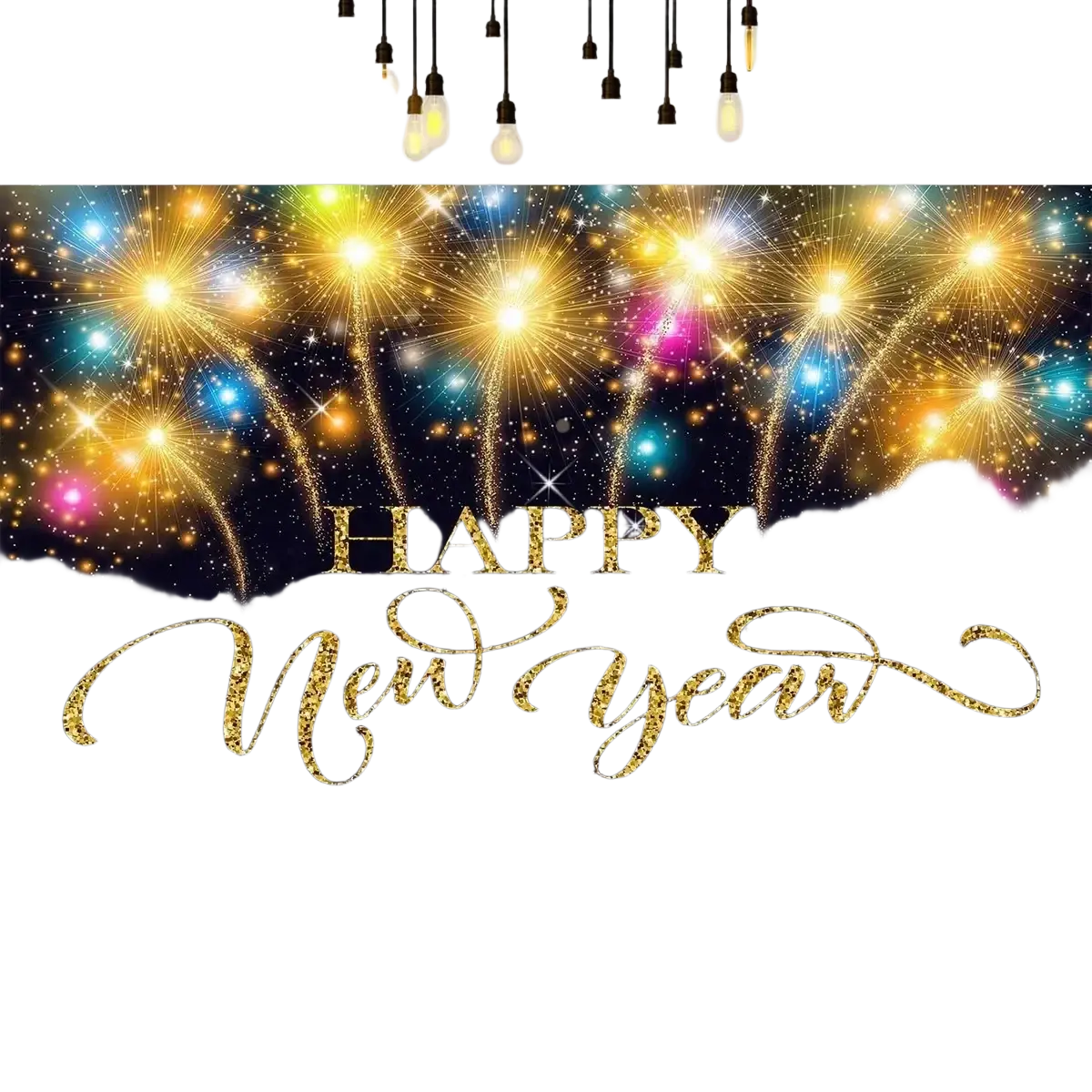 New year party photography backdrop with gold glitter happy new year text and vibrant fireworks on dark blue sky