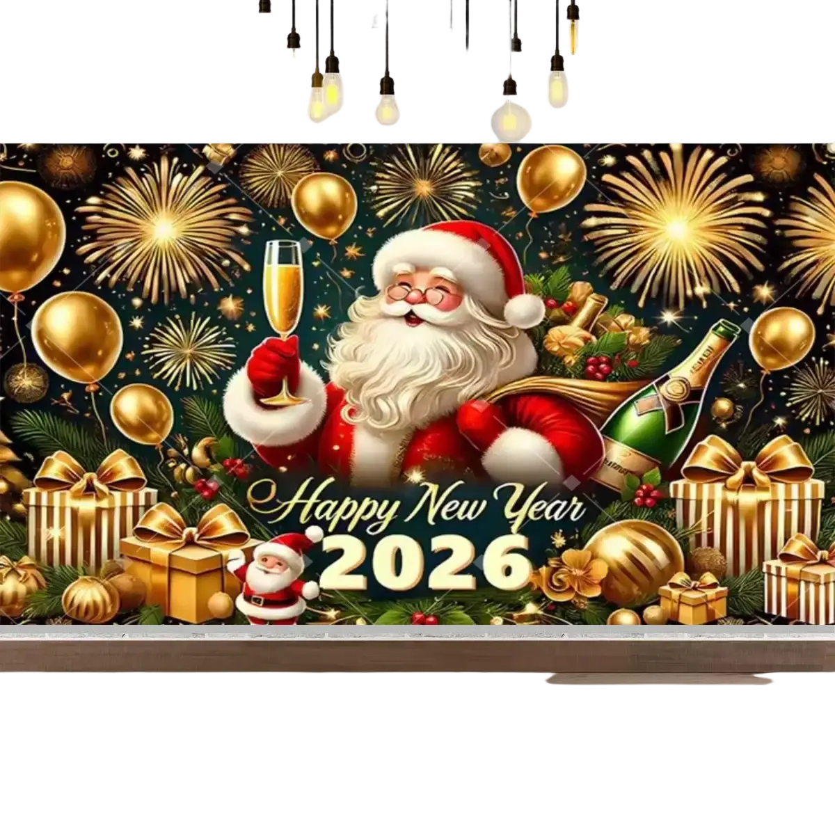 Golden new year party photography backdrop featuring santa claus with champagne flute fireworks balloons and gifts