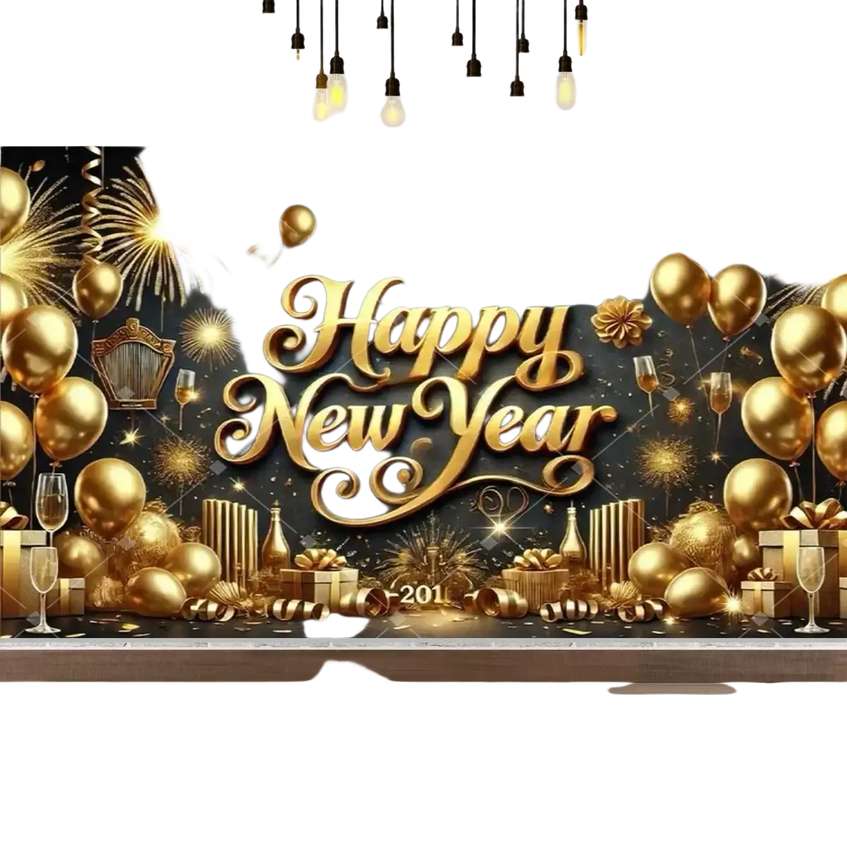 New year party photography backdrop in gold with glittering fireworks balloons and champagne glasses design