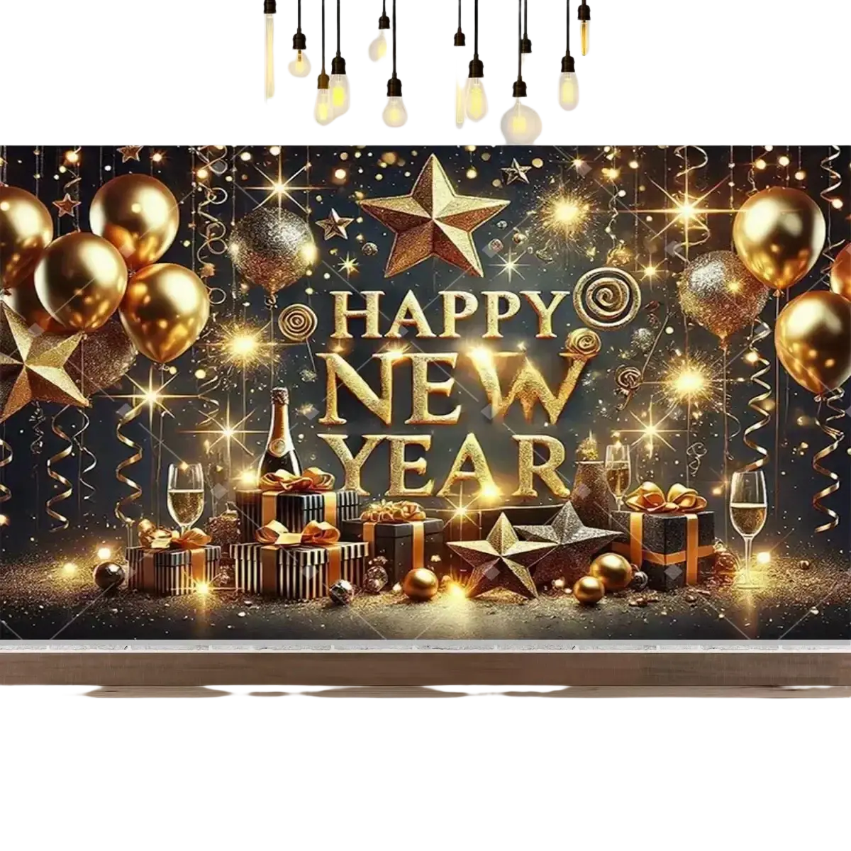 Golden new year party photography backdrop with glittering stars balloons champagne bottles and gift boxes on dark background