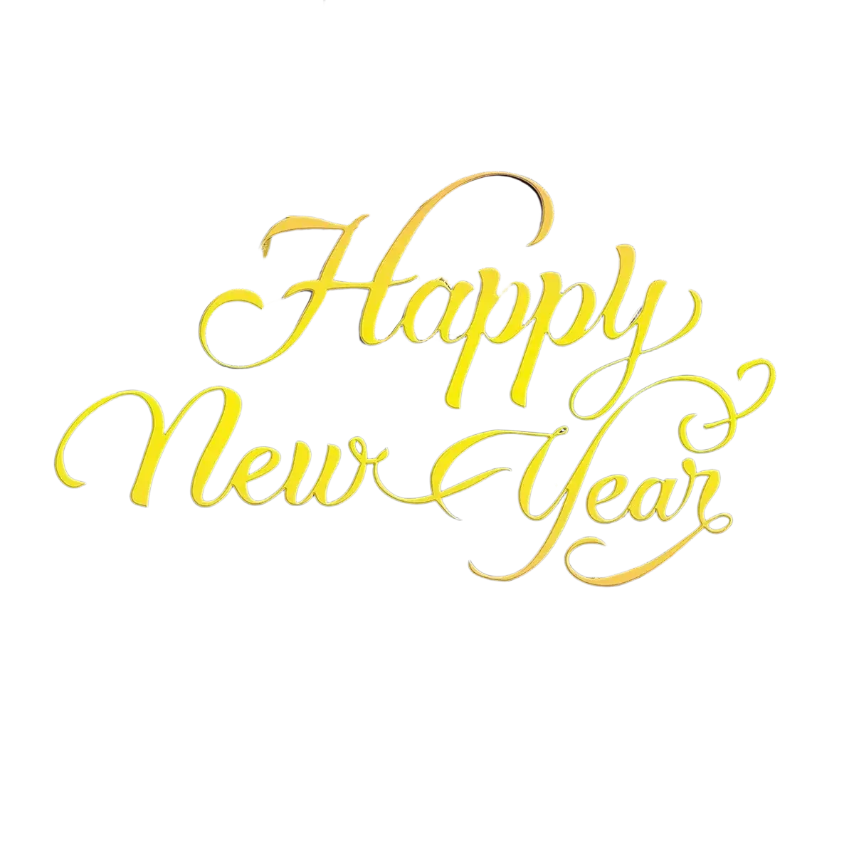 Golden happy new year cursive text on nighttime cityscape with fireworks and illuminated bridges backdrop for parties