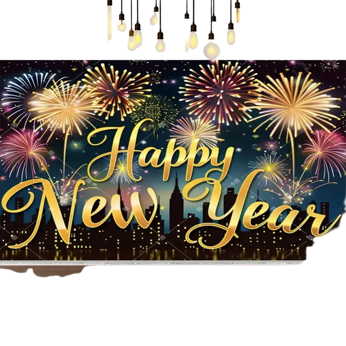 Golden new year party photography backdrop with vibrant fireworks clock and city skyline design for celebrations
