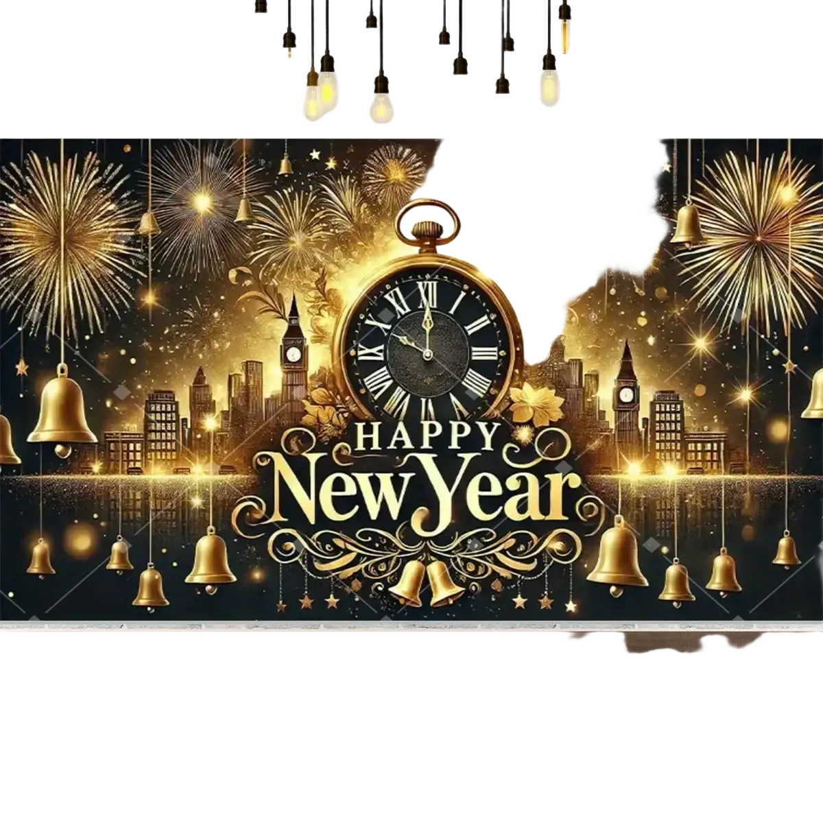 New year party photography backdrop featuring a golden ornate pocket watch with roman numerals and fireworks