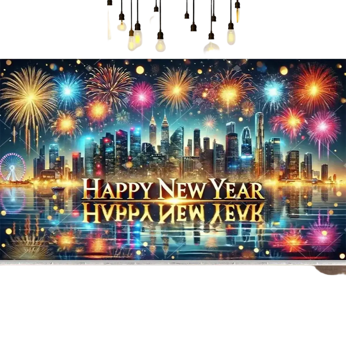 New year party photography backdrop with vibrant multicolored fireworks city skyline and illuminated happy new year sign