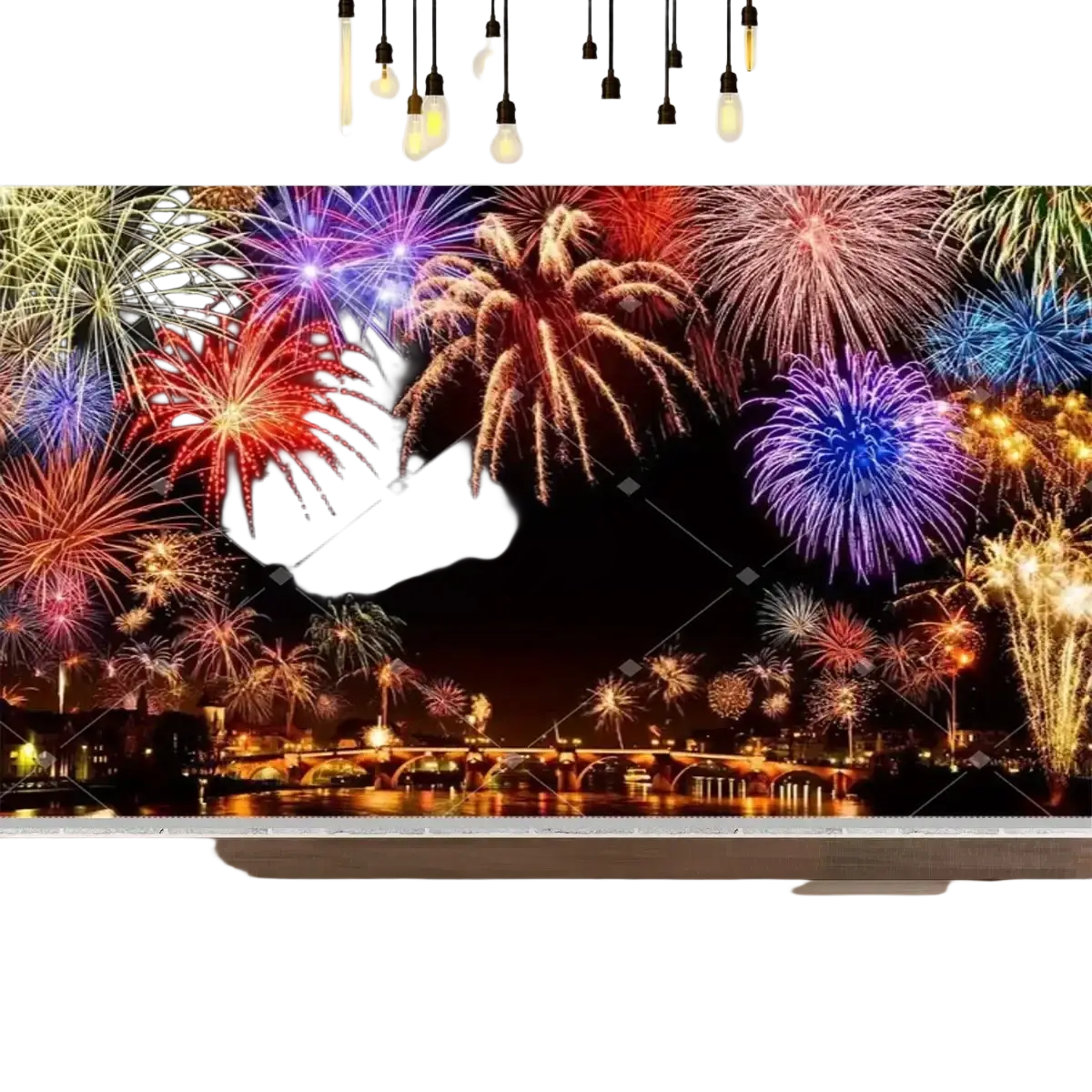 New year party photography backdrop featuring vibrant multicolored fireworks over a bridge and river scene