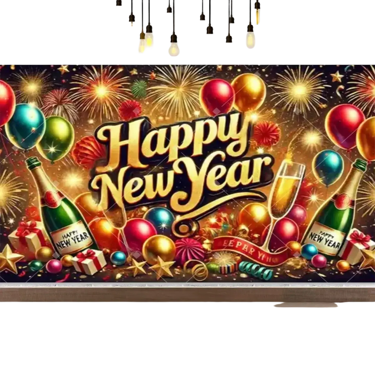 New year party photography backdrop with gold lettering colorful balloons champagne bottles and fireworks design