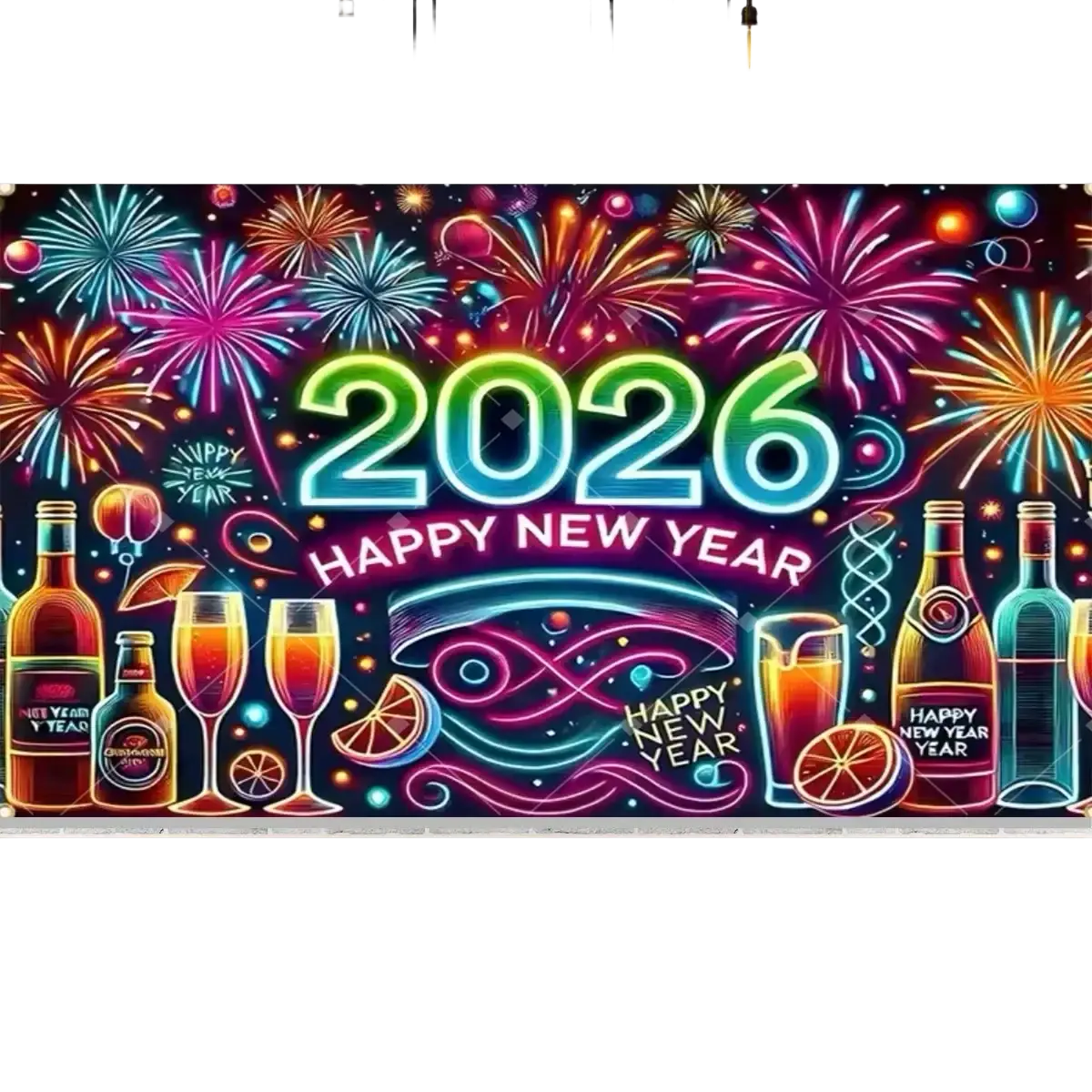 Vibrant neon-themed new year party photography backdrop with fireworks cocktails bottles and clock for 2026 celebration