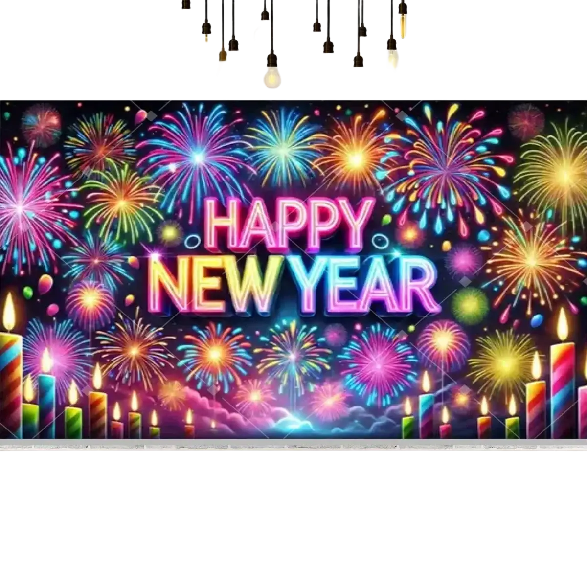 New Year party photography backdrop with vibrant neon happy new year banner fireworks and colorful candles