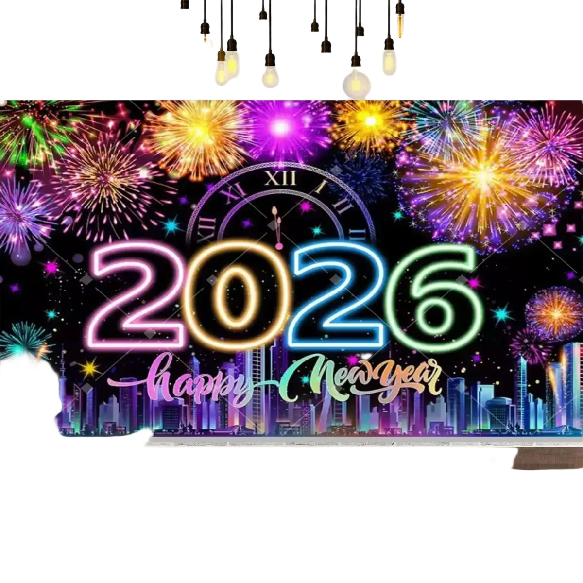 New year party photography backdrop with vibrant neon 2026 happy new year text, glowing clock, and fireworks over city skyline