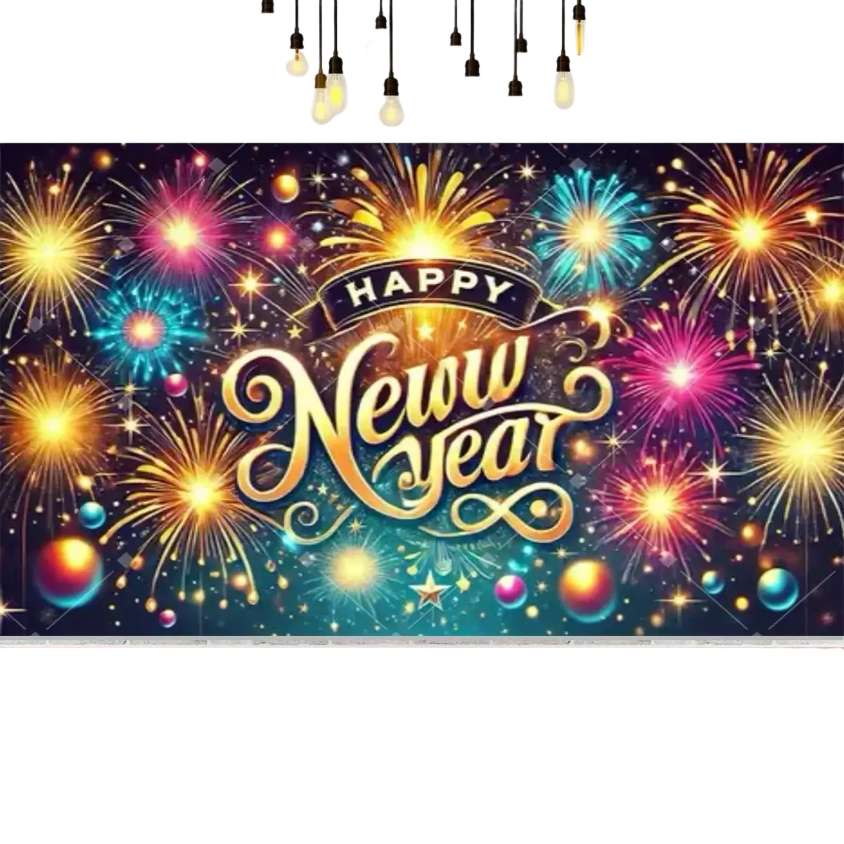 New year party photography backdrop featuring vibrant fireworks and golden happy new year text on dark sky