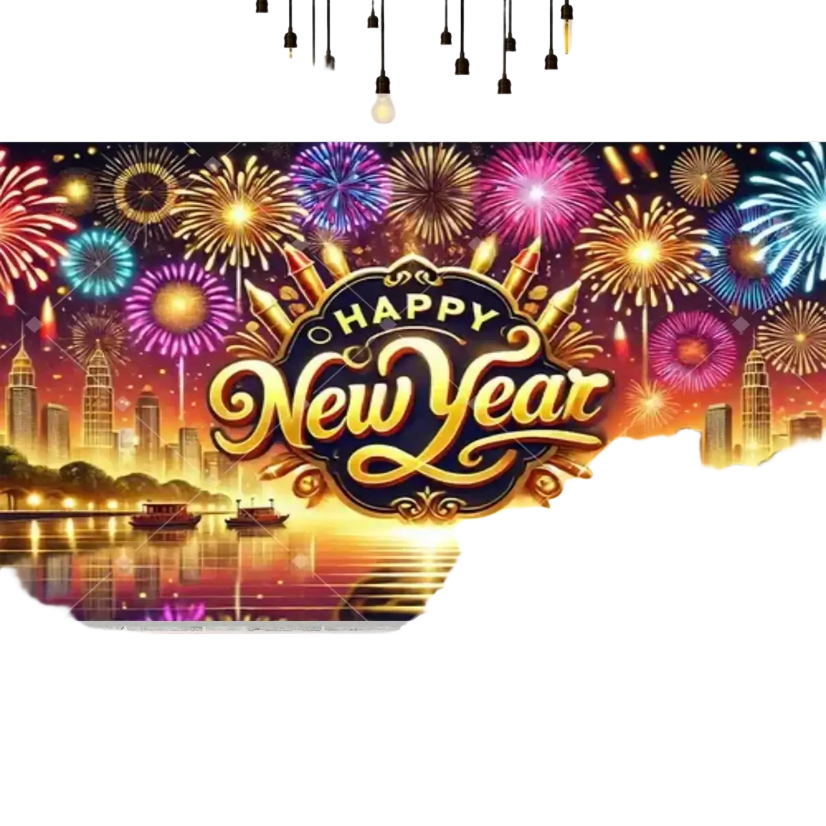 New year party photography backdrop with golden happy new year emblem colorful fireworks and city skyline silhouettes