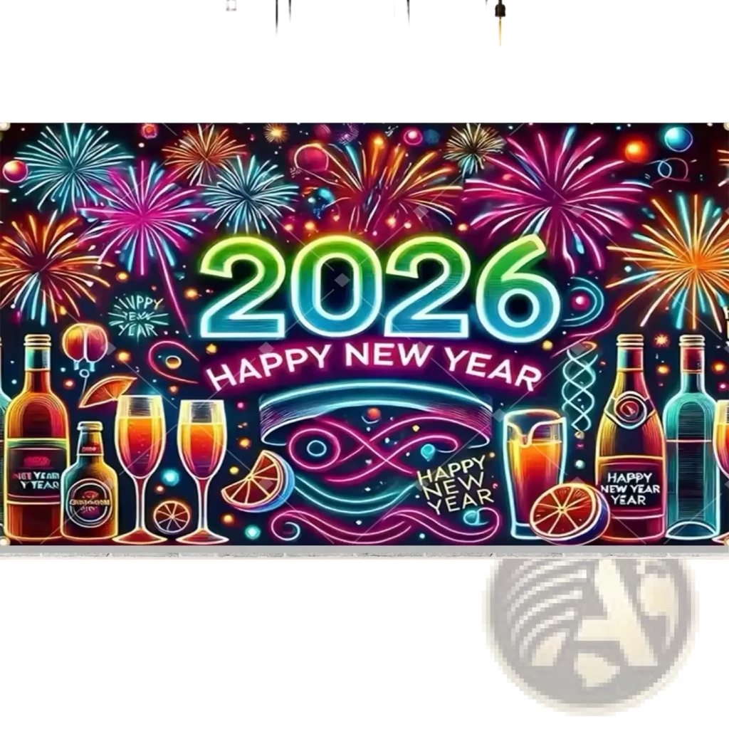 Vibrant neon-themed new year party photography backdrop with fireworks cocktails bottles and clock for 2026 celebration