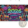 Vibrant neon-themed new year party photography backdrop with fireworks cocktails bottles and clock for 2026 celebration