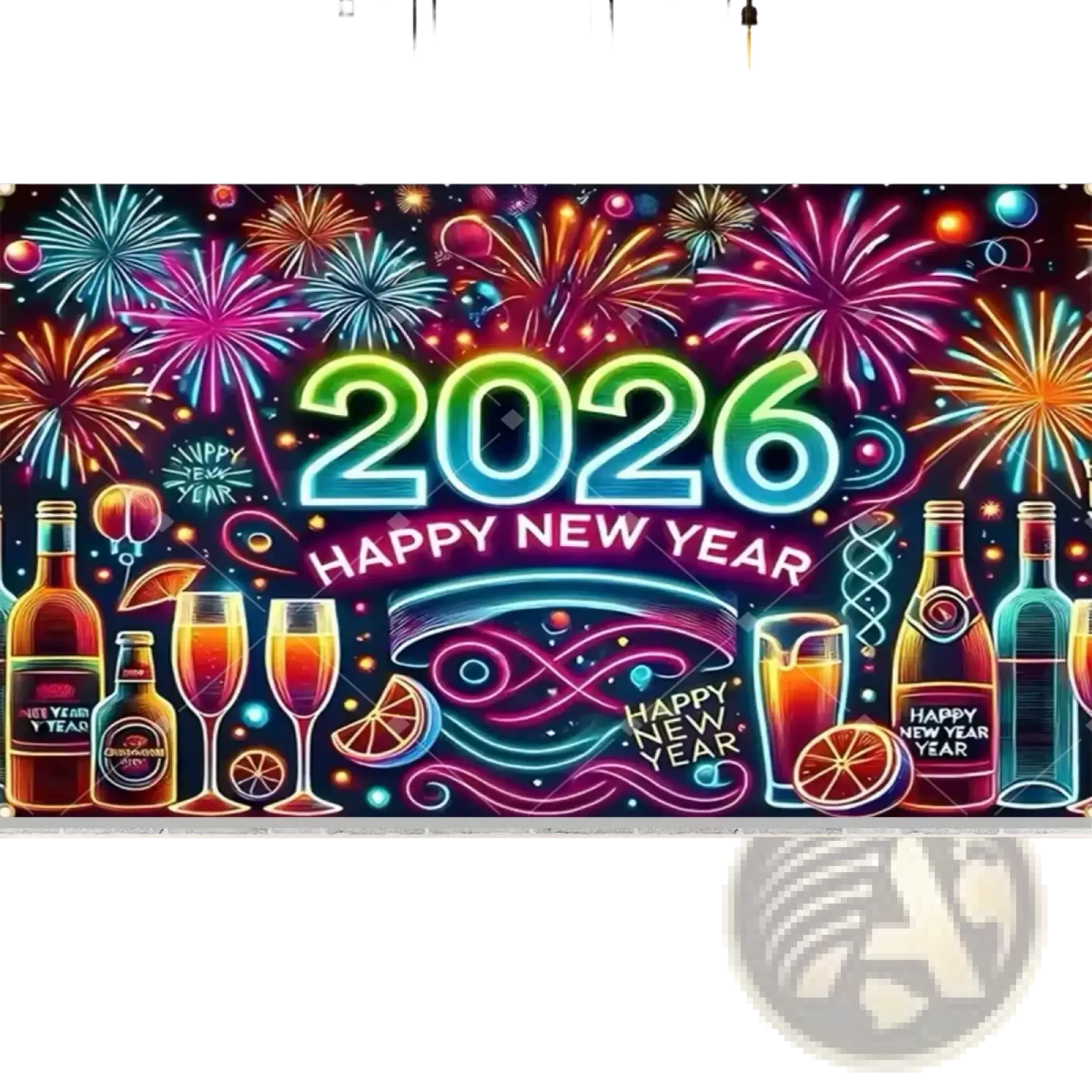 Vibrant neon-themed new year party photography backdrop with fireworks cocktails bottles and clock for 2026 celebration