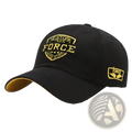 Black embroidered New York Force baseball cap with gold logo and matching side patch featuring a curved brim