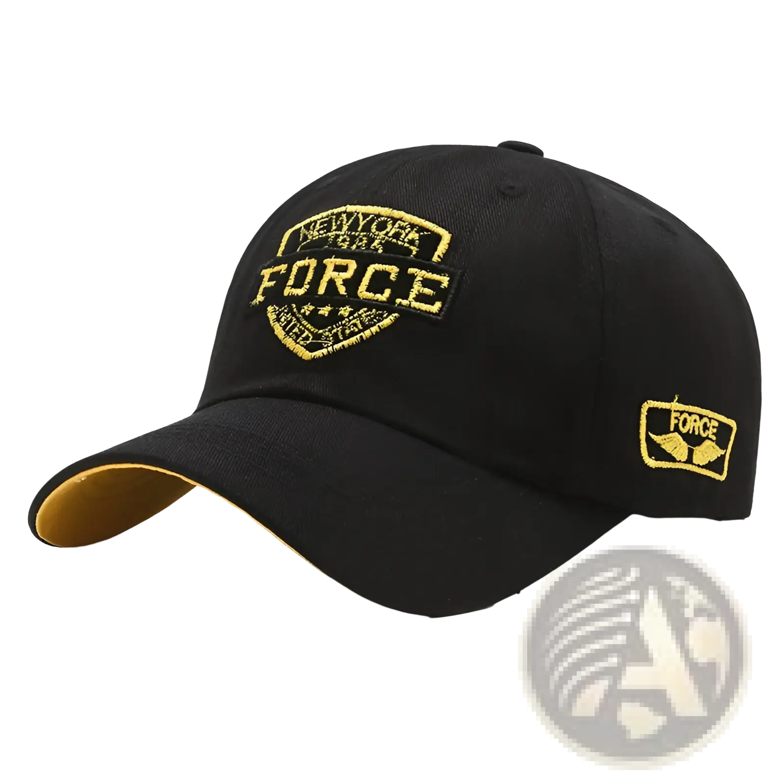 Black embroidered New York Force baseball cap with gold logo and matching side patch featuring a curved brim