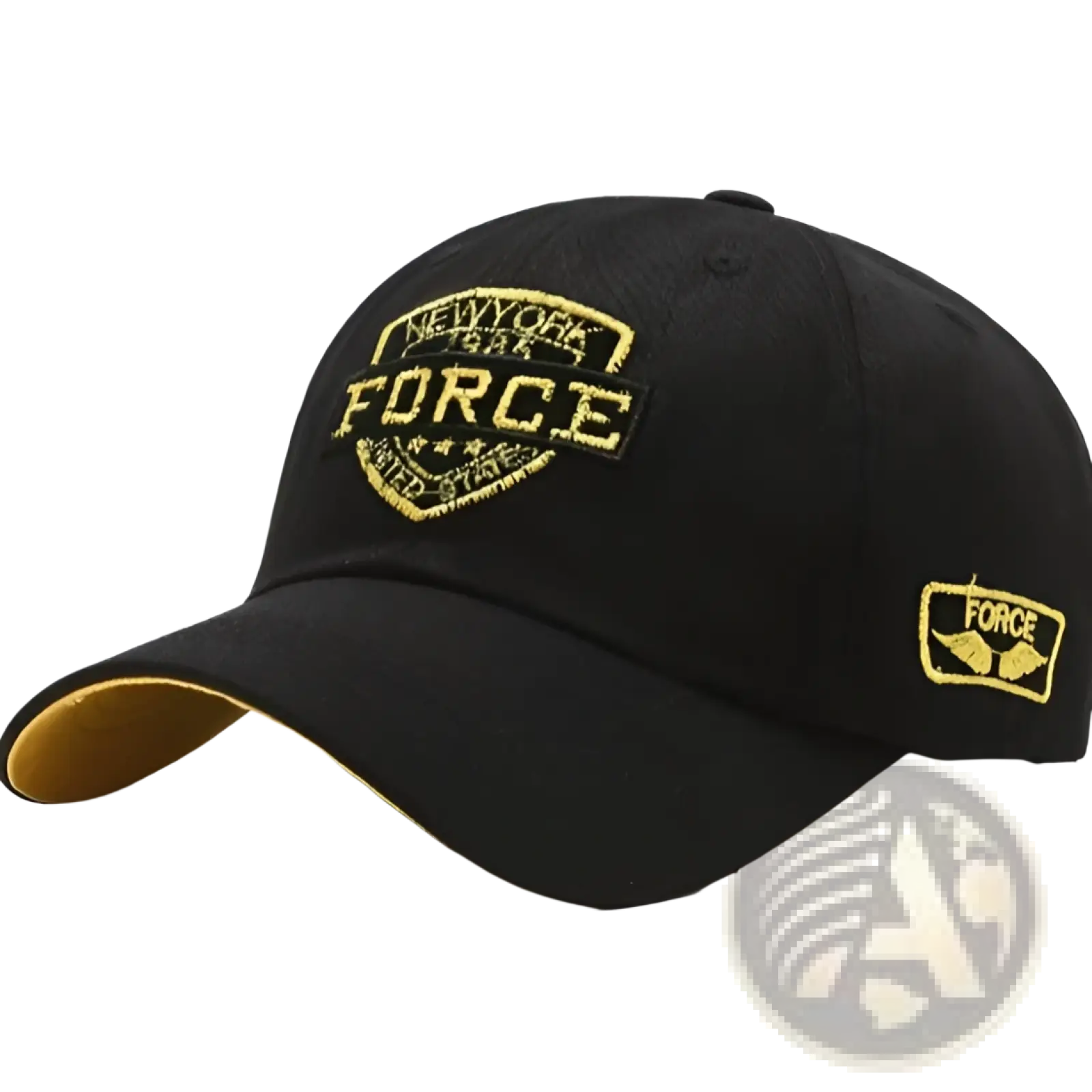 Black baseball cap with gold embroidered New York Force logo and matching side patch for casual wear