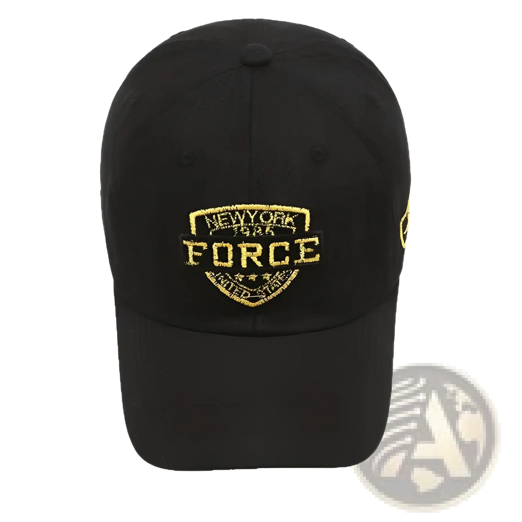 Black baseball cap with gold embroidered New York Force logo featuring a classic adjustable design