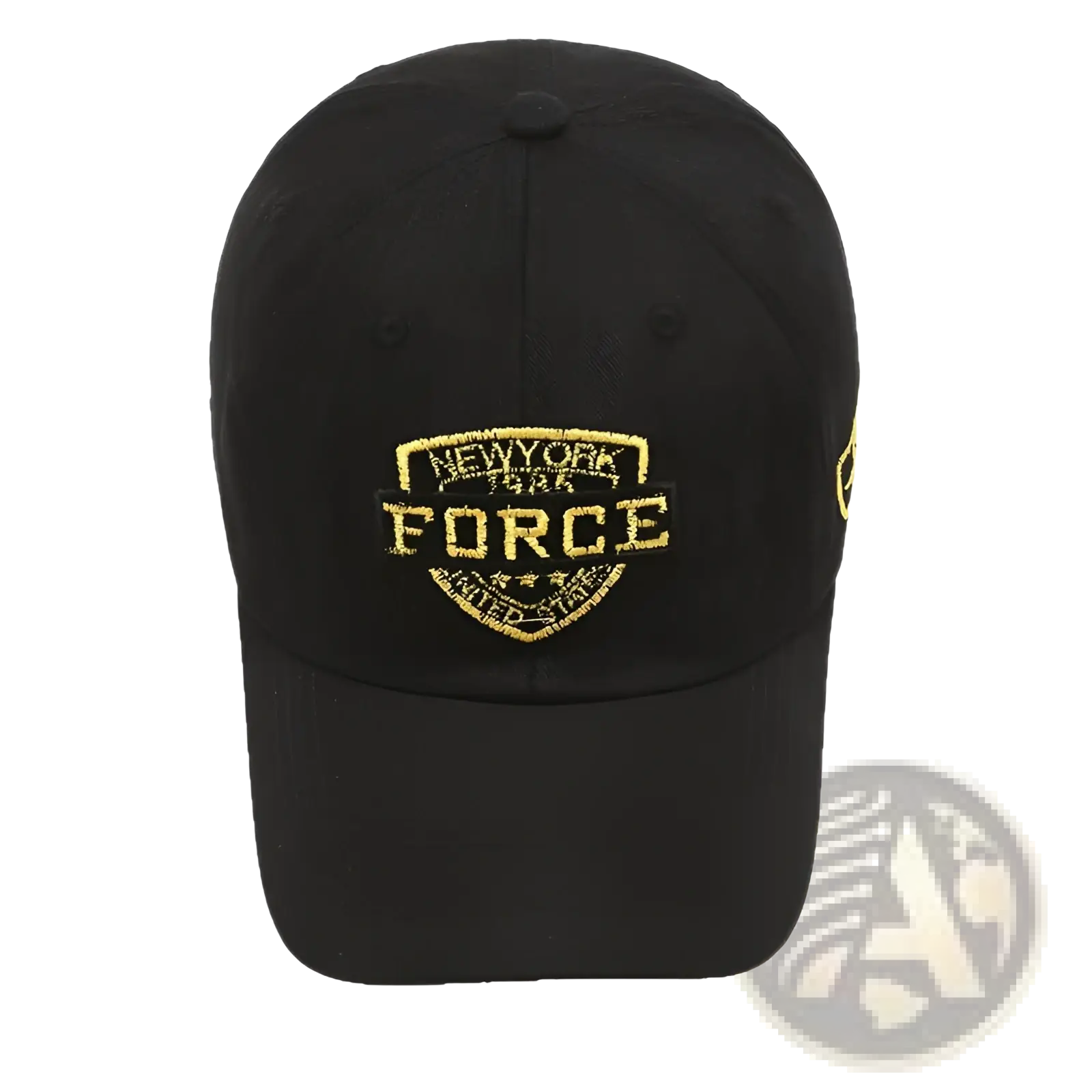 Black baseball cap with gold embroidered New York Force logo featuring a classic adjustable design