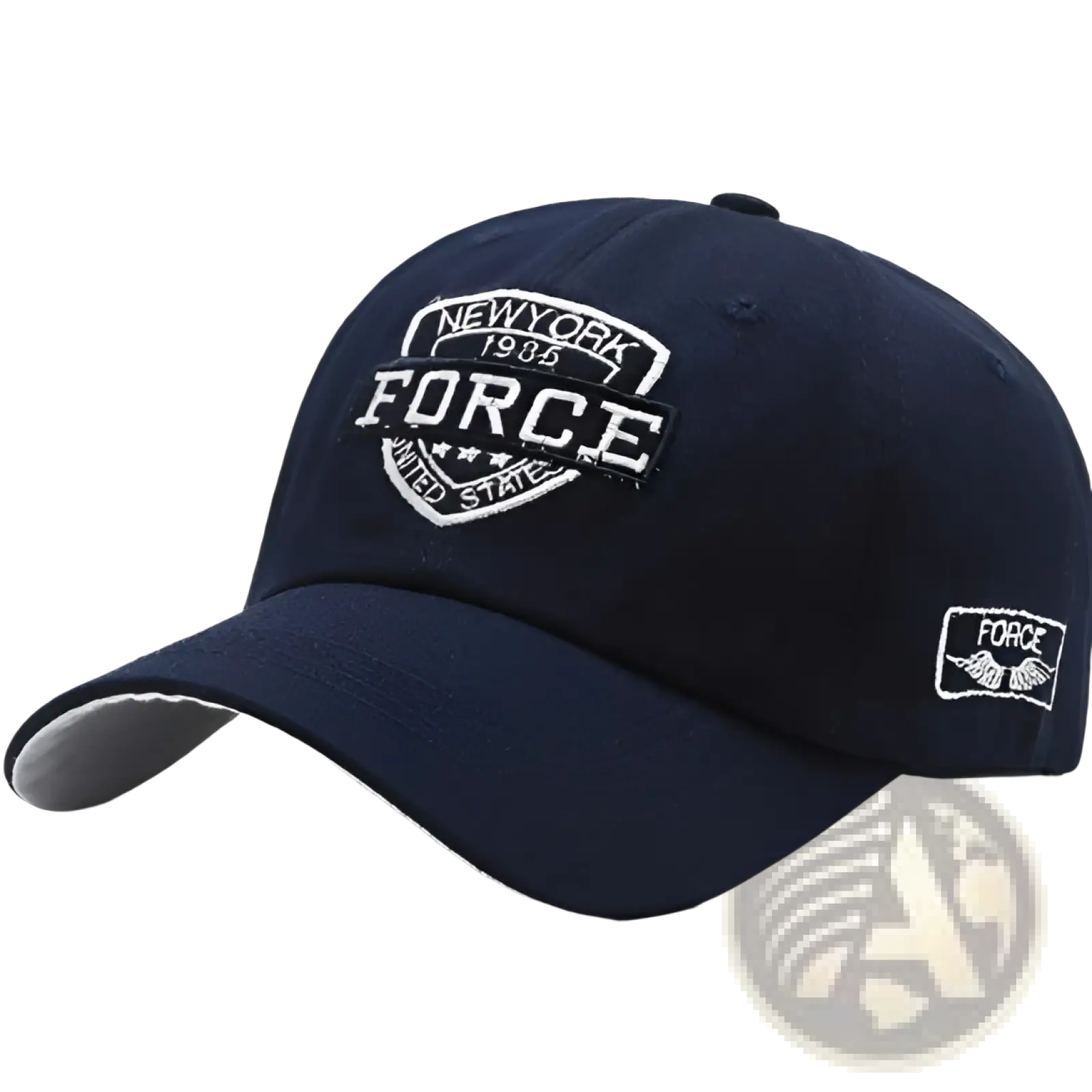 Navy blue baseball cap with white embroidered New York Force 1934 logo and matching side patch in cotton material