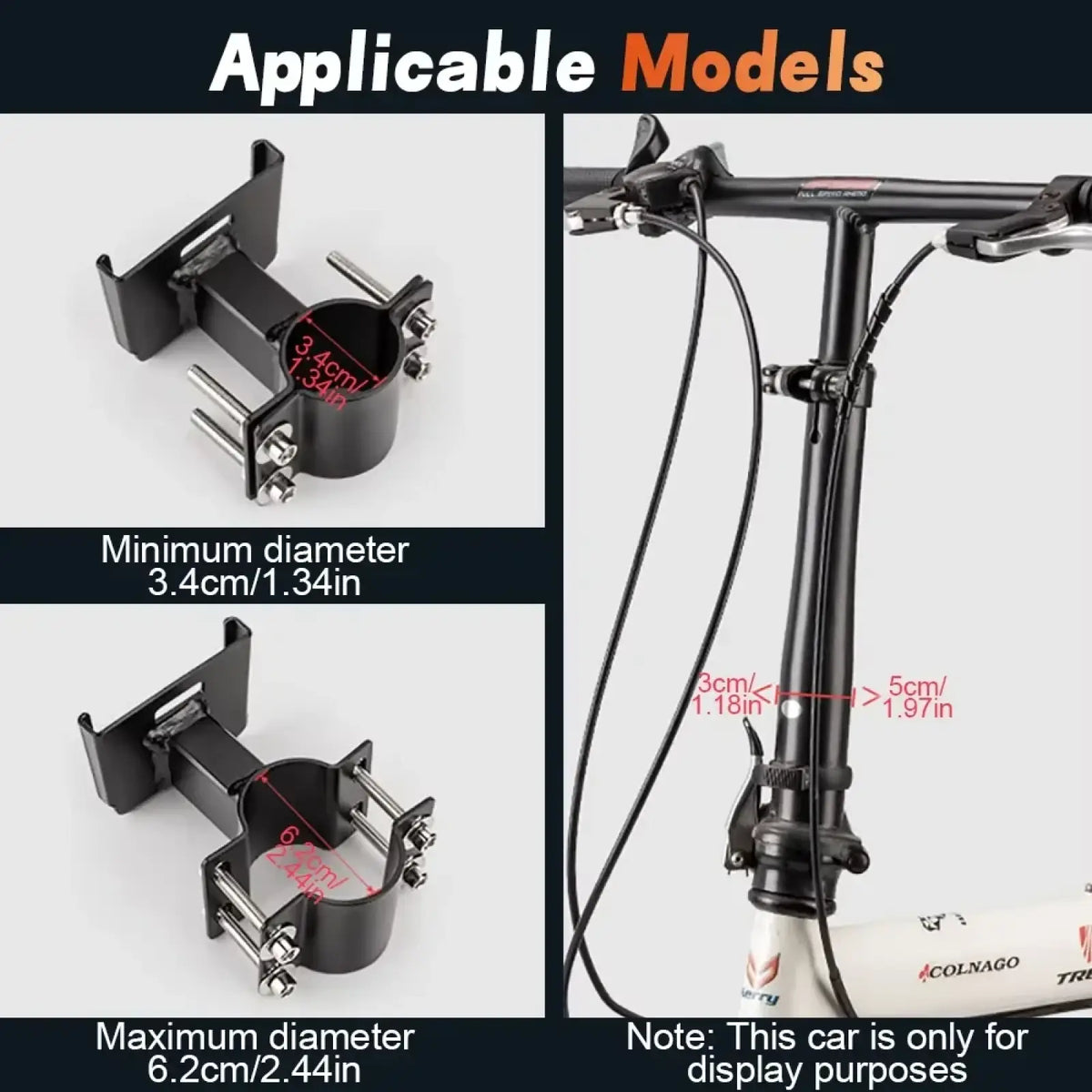 Black metal bicycle handlebar mount with adjustable clamps for 3.4cm to 6.2cm diameter in newboler detachable front basket