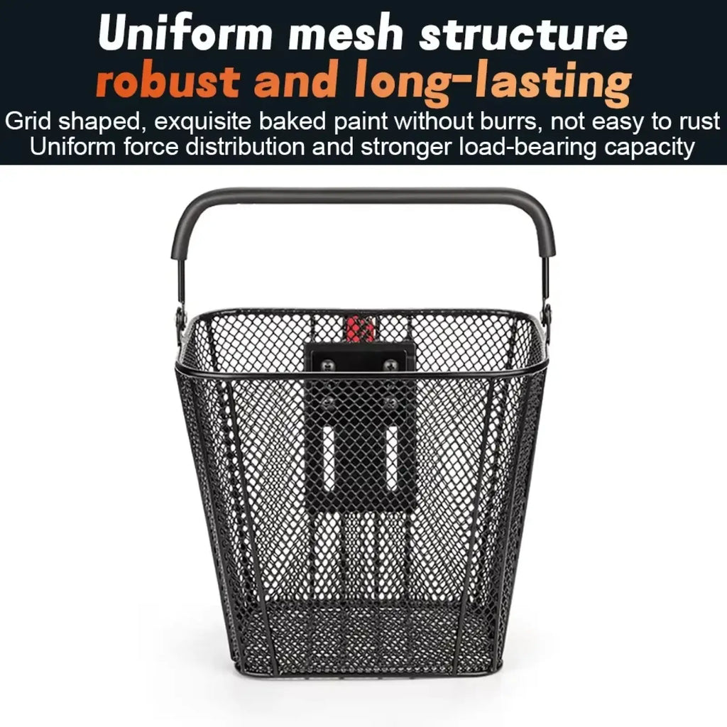 Black metal mesh bicycle front basket with sturdy handle and grid design by Newboler detachable model