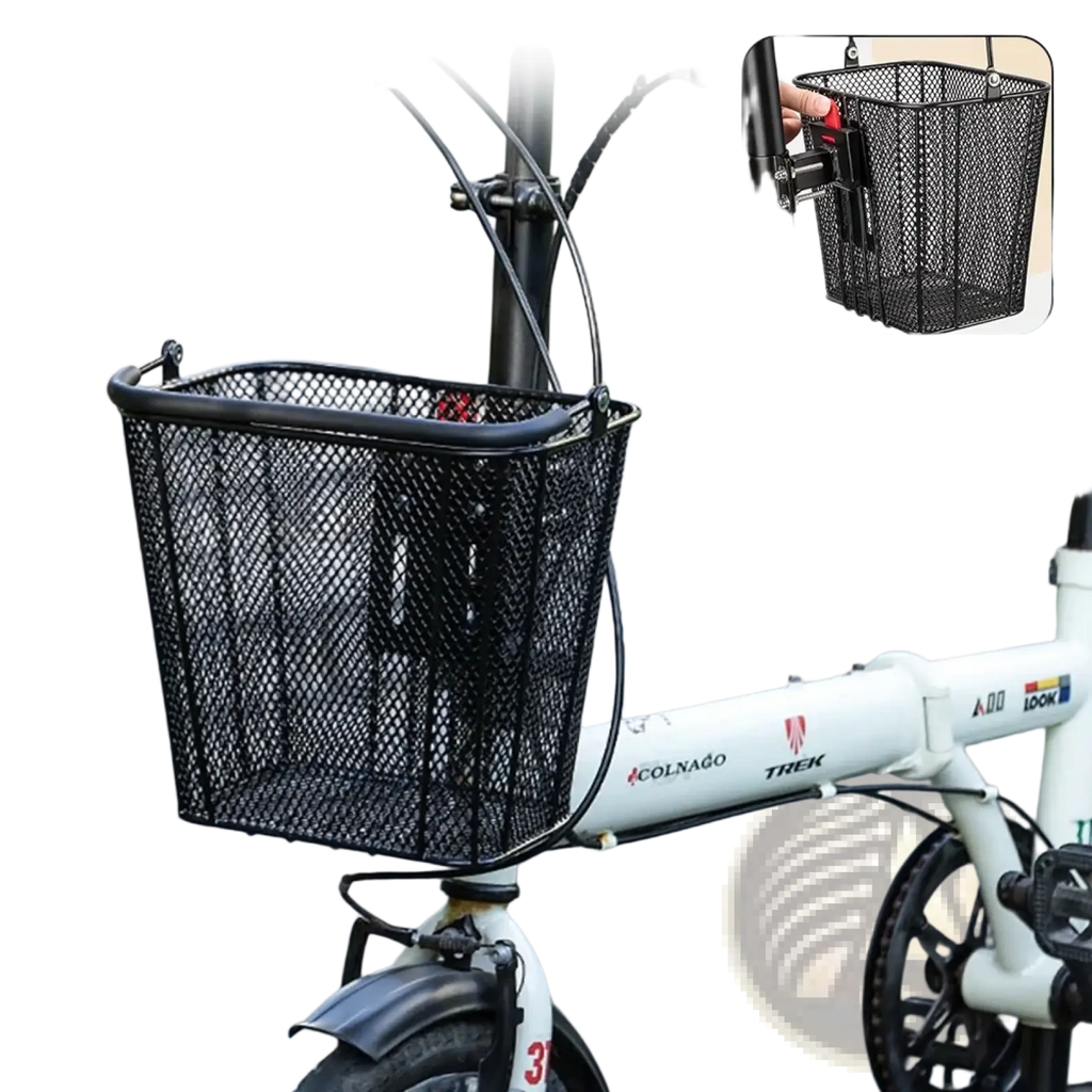 Black mesh metal bicycle front basket by Newboler with quick-release detachable attachment for easy use